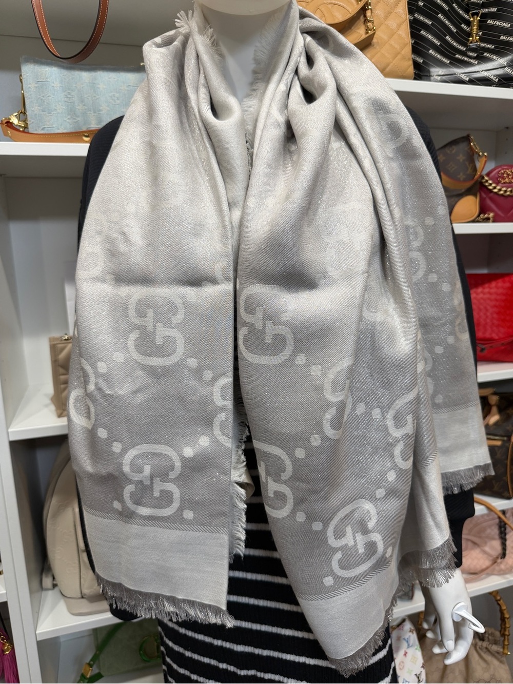 Gucci Fringe Light Gray GG Monogram Wool Scarf